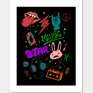 Rock n roll Graffiti skull neon doodle Posters and Art